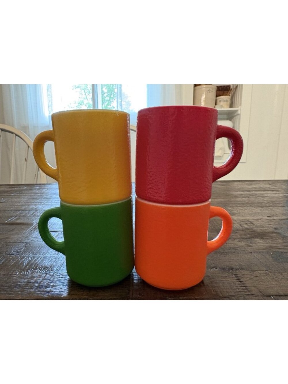 Hazel Atlas Milk Glass Mugs Set Of 4 Red Orange Yellow Green Stackable